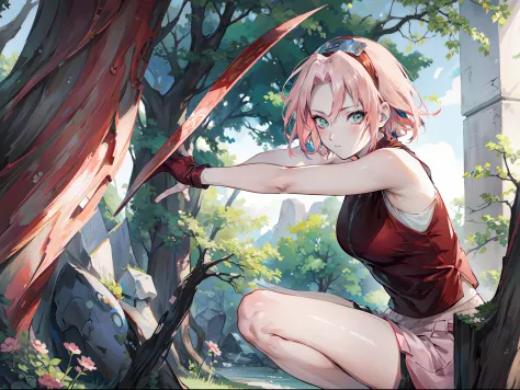 Sakura haruno, ((4k, masterpiece, high quality, detail)), short hair, Sleeveless red shirt, thigh black shorts, showing her armp...