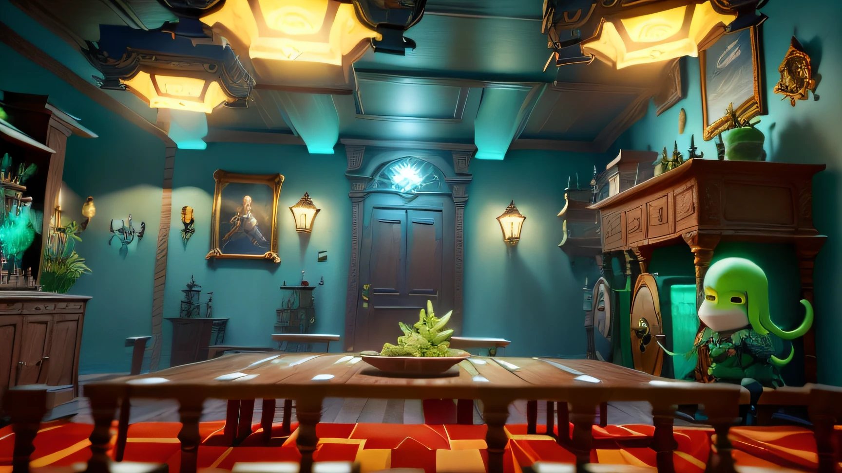 Bright room with checkered floor and table and chairs, interior gameplay screenshot, inside her surreal vr castle, pc screenshot, videogame screenshot>, rendered in nvidia's omniverse, screenshot from the game, video game still, high quality screenshot, ((bob esponja)), na screenshot from the game, gameplay still, screenshot from the game, ((Bob Esponja)) Cthulhu Nightmare, videogame screenshot, tear