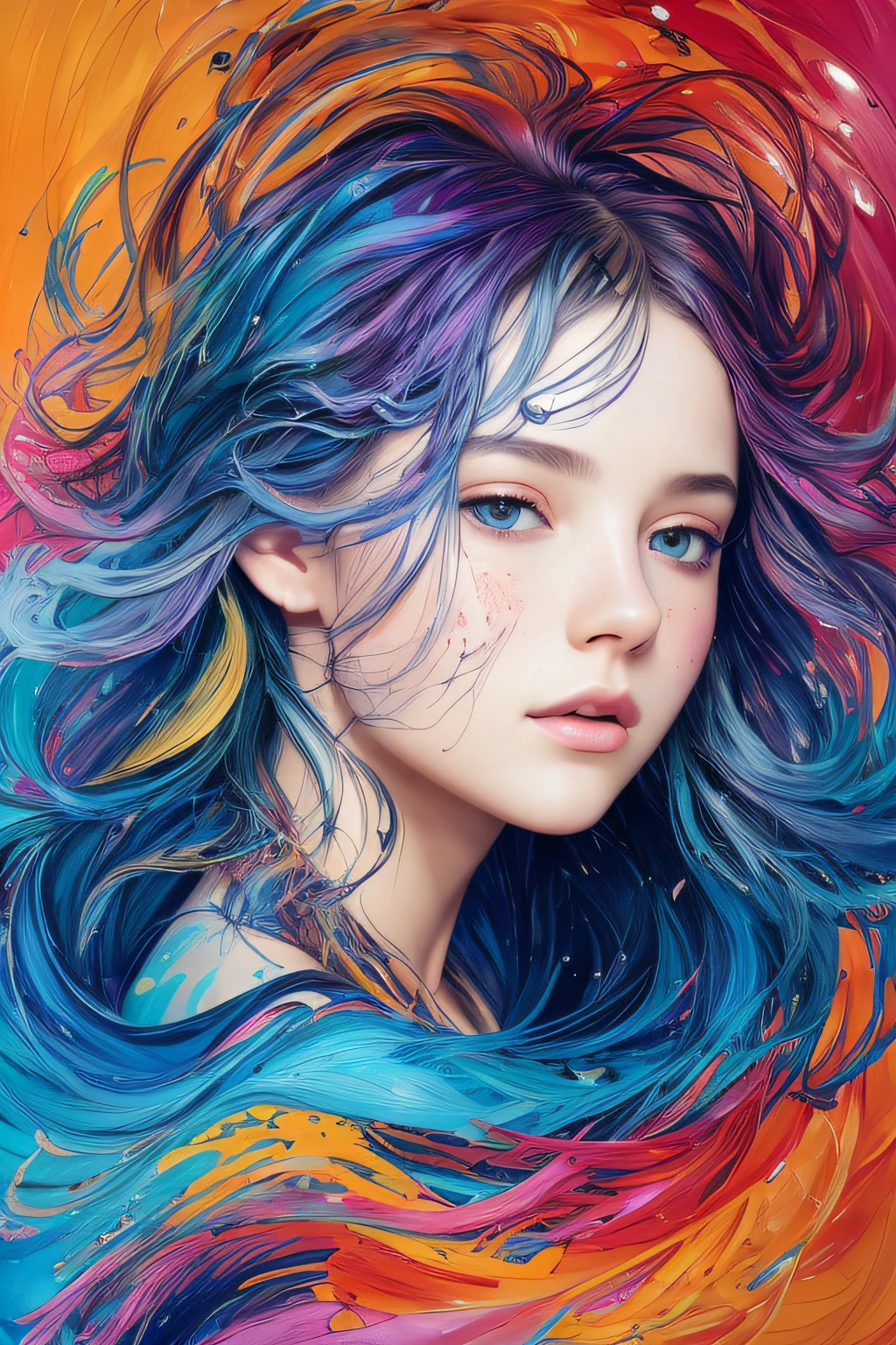 Colorful beautiful girl: a giru 8-years old, messy hair, oil painting, nice perfect face with soft skinice perfect face, blue yellow colors, light purple and violet additions, light red additions, intricate detail, splash screen, 8k resolution, masterpiece, cute face,artstation digital painting smooth veryBlack ink flow: 8k resolution photorealistic masterpiece: intricately detailed fluid gouache painting: by Jean Baptiste Mongue: calligraphy: acrylic: watercolor art, professional photography, natural lighting, volumetric lighting maximalist photoillustration: by marton bobzert:, complex, elegant, expansive, fantastical,  wavy hair, vibrant