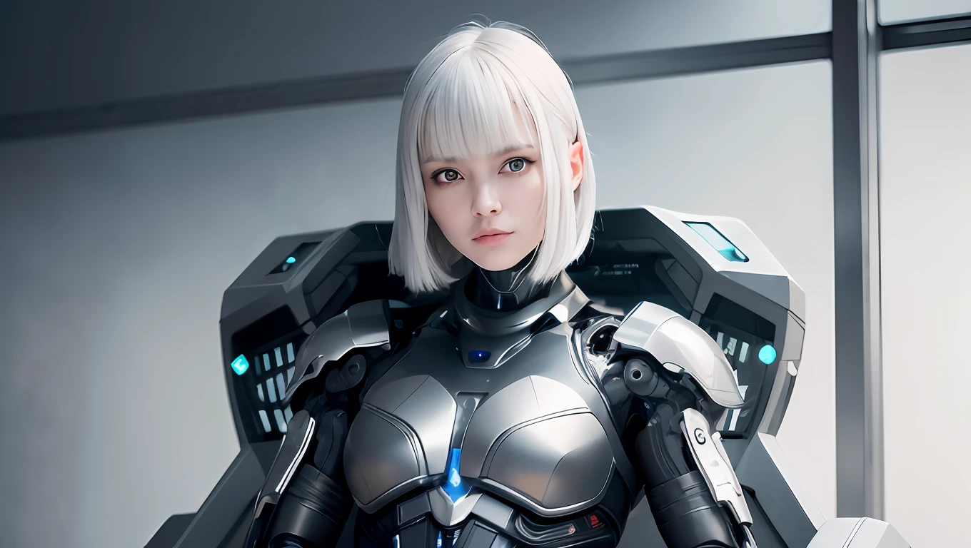 there is a woman with a futuristic headpiece and a futuristic helmet, beutiful white girl cyborg, beutiful girl cyborg, beautiful cyborg girl, cute cyborg girl, cyborg girl, cyborg - girl, beautiful cyberpunk girl face, cyborg - girl with silver hair, silver glowing hair, silver hair,  beautiful cyborg angel girl, dreamy cyberpunk girl, perfect cyborg female, portrait beautiful sci - fi girl, complex 3d render ultra detailed of a beautiful porcelain profile android face, full cyborg, cyborg, robotic parts, 150 mm, beautiful studio soft light, rim light, vibrant details, luxurious cyberpunk, lace, hyperrealistic, anatomical, facial muscles, cable electric wires, microchip, elegant, beautiful background, octane render, H. R. Giger style, 8k, best quality, masterpiece, illustration, an extremely delicate and beautiful, extremely detailed ,CG ,unity ,wallpaper, (realistic, photo-realistic:1.37),Amazing, finely detail, masterpiece,best quality,official art, extremely detailed CG unity 8k wallpaper, absurdres, incredibly absurdres, robot, silver halmet, full body, sitting