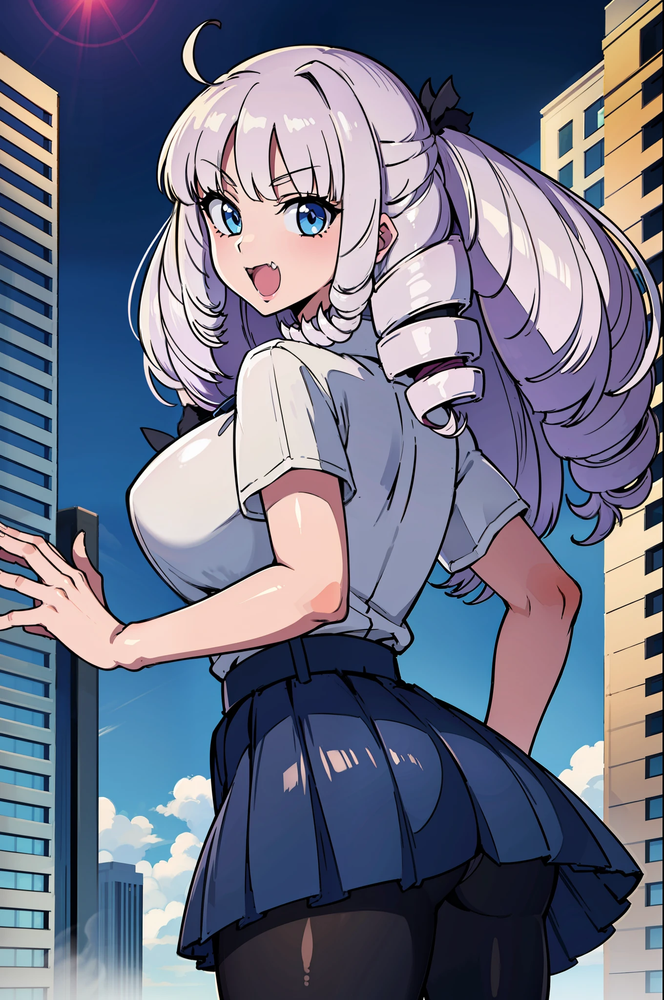 1girl, solo, Fujido Oriko, giantess, black pantyhose, blue eyes blue skirt, blunt bangs, breasts, cowboy shot, drill hair, fang, large breasts, long hair, looking at viewer, looking back, open mouth, pantyhose, pleated skirt, purple hair, shirt, short sleeves, skirt, kung fu pose, white hair, white shirt, standing, giant among buildings, taller than a skyscraper, Masterpiece, Best quality,