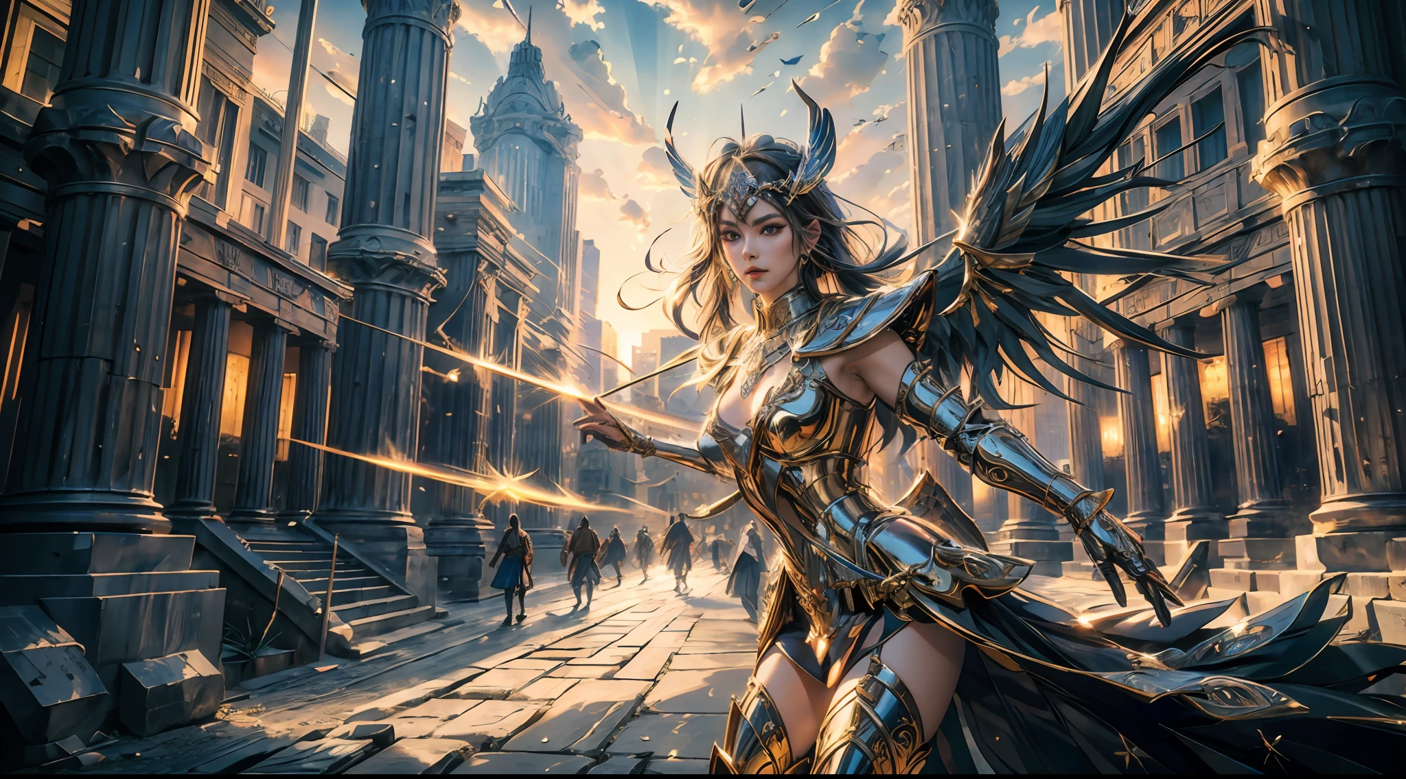 offcial art，Unity 8k wallpaper，ultra - detailed，Beauty and aesthetics，high high quality，Valkyrie，tmasterpiece，Best quality at best，（zentangle，datura，Tangles，entangled：0.6），Greek temple，Large breasts，Heavy armor，Complex patterns，Fighting posture，dramatics，Photorealistic, Super detail, Masterpiece, Best quality, A high resolution, 8K，Metal wings