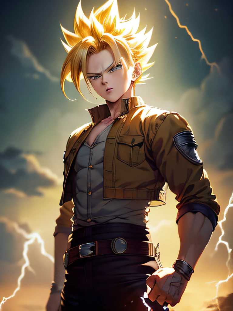 Altamente detalhado, alta qualidade, obra de arte, lindo, Super Saiyajin, 1 menino, Sozinho, tiro de vaqueiro, cabelo loiro, Super Saiyajin, cabelo espetado, aura, eletricidade, ((1 homem)), (Levi Ackermann), Ataque ao titã,