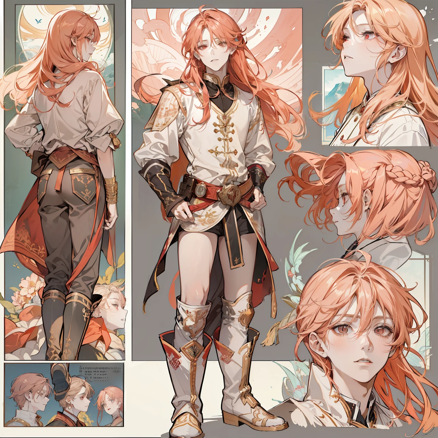 1 boy, solo, peach hair, light red-haired guy, straight hair, flowing straight hair, red eyes, shirt, high boots, Lightweight clothing, Scandinavia theme, Scandinavian clothes, looking at viewer, fantasy art, beautiful painting, guwaika style, epic exquisite character art, stunning characters, man, lean (reference sheet:1.5)