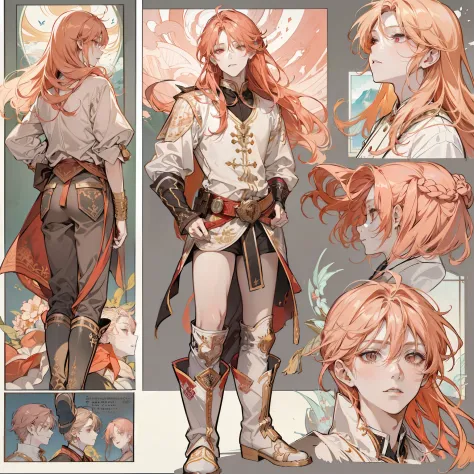 1 boy, solo, peach hair, light red-haired guy, straight hair, flowing straight hair, red eyes, shirt, high boots, Lightweight cl...