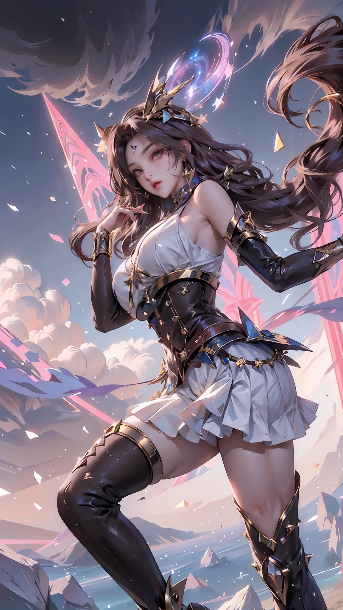 Irelia from League of Legends, KDA Irelia ((Realistic light, Best quality, 8K, Masterpiece :1.3)), self-shot, 1girll, Pretty Women with Perfect Figure :1.4, Abs :1.1, (Brown hair, Huge breasts :1.5), Arabic costumes :1.2, Bed, Ultra-detailed face, Detailed eyes, 二重まぶた, Perfect hands, perfect fingers, perfect breasts, perfect hair, perfect face, perfect body