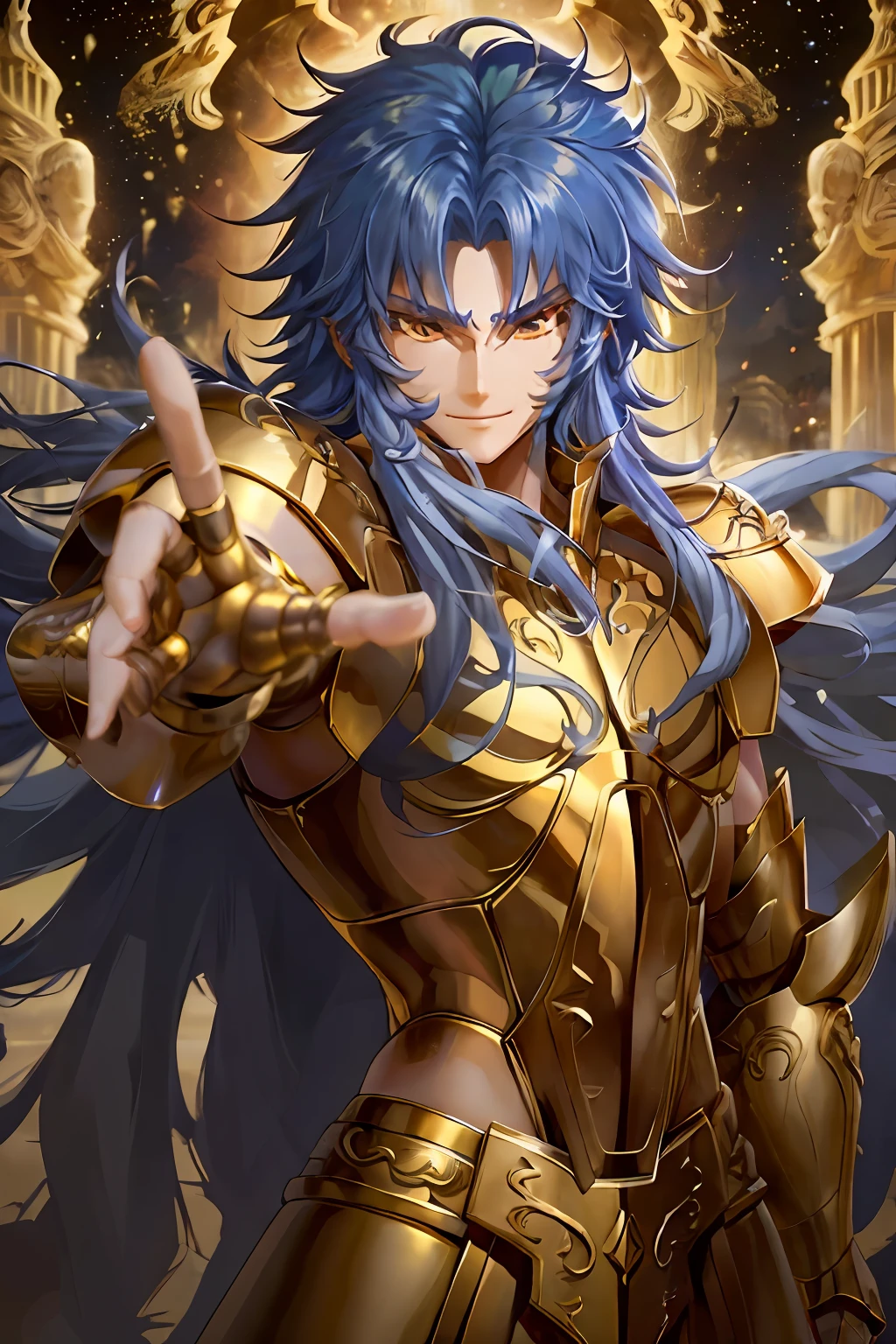 tmasterpiece， realisticlying， ultra - detailed， Unity 8k Wallpapers，
Leo armor，
（（Libido boy，dynamicposes，（Leo armor，Golden armor，vivd colour），lusciouslips，（blue hairs），（black in color|with brown eye），（Lots of detail on the face：1.1），（Medium Locs hairstyle：1.1）|，Thin lips，grin face，delicate hand，delicate finger）），serious，
Henan Big Buddha，very highly detailed background，
Fascinating sports，captivating visuals，
Seamless integration，Engaging storytelling