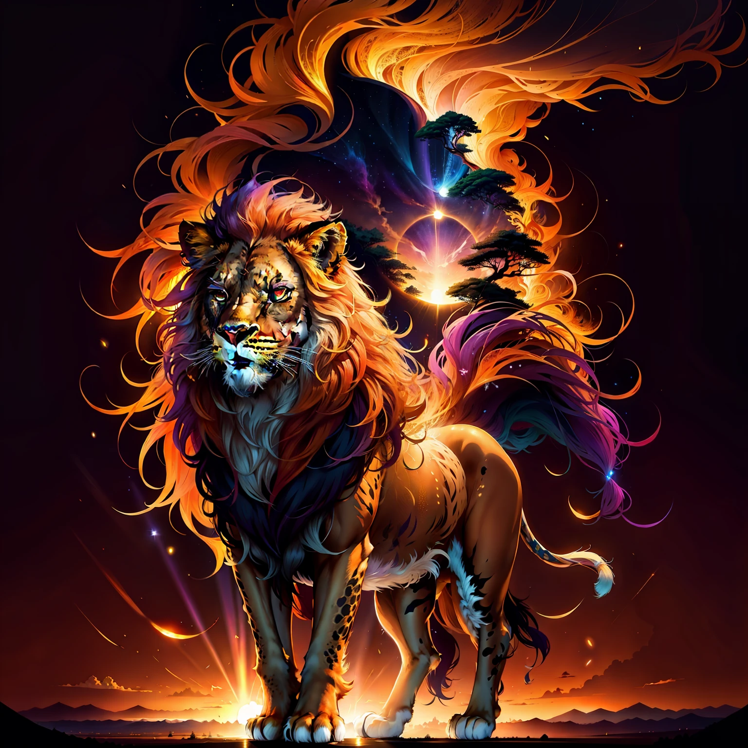 A majestic and majestic lion, His golden mane floating in the wind with overcast sky with beam of light illuminated the lion. From a distance, The setting sun paints the sky in shades of fiery orange and deep purple, casting a warm and welcoming glow on the African landscape.