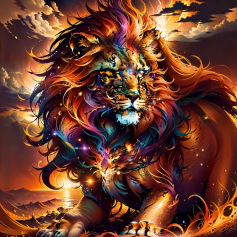 a majestic and majestic lion, his golden mane floating in the wind with overcast sky with beam of light illuminated the lion. fr...