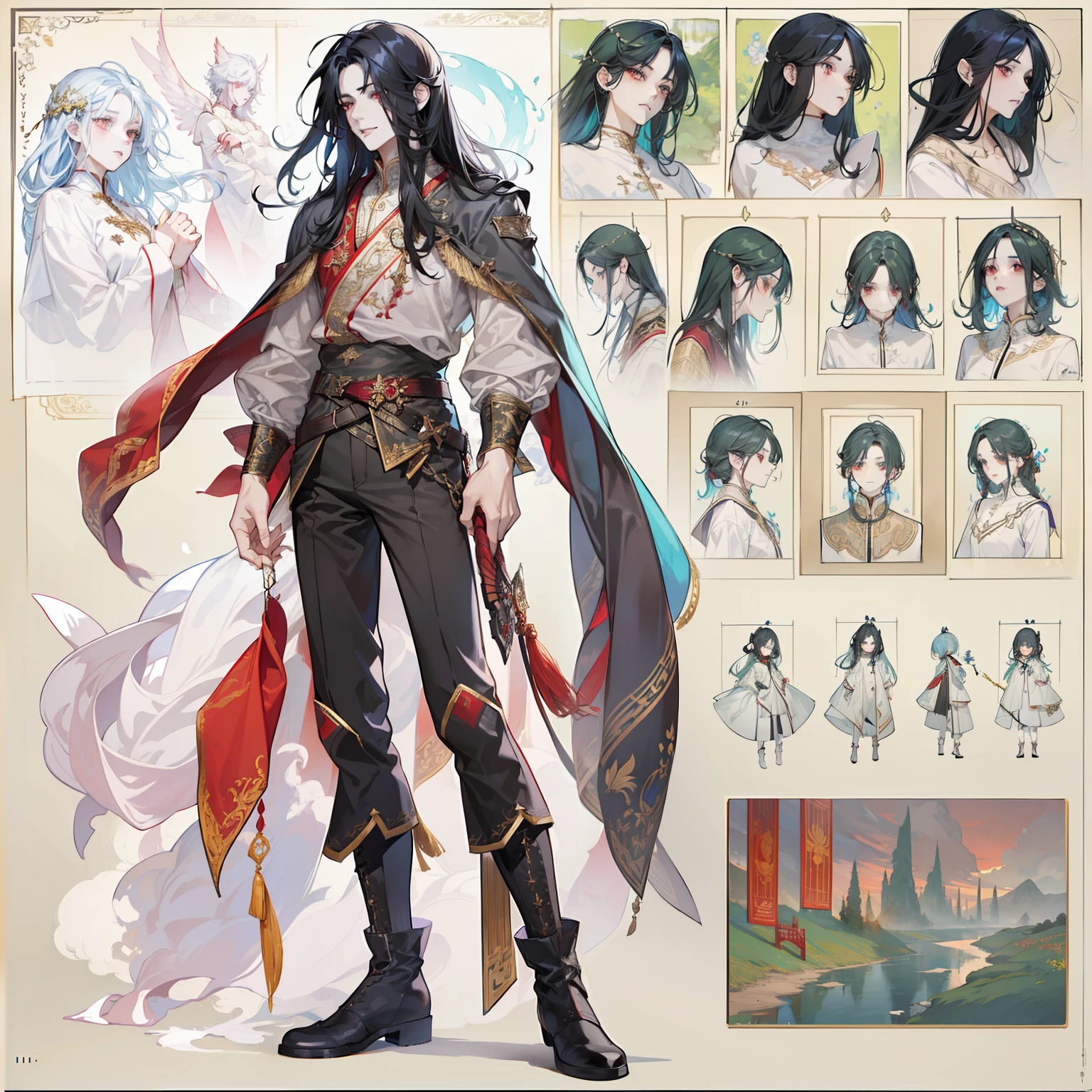 1 boy, solo, black hair, straight hair, flowing straight hair, red eyes, shirt, high boots, Lightweight clothing, Scandinavia theme, Scandinavian clothes, looking at viewer, fantasy art, beautiful painting, guwaika style, epic exquisite character art, stunning characters, man, lean (reference sheet:1.5)