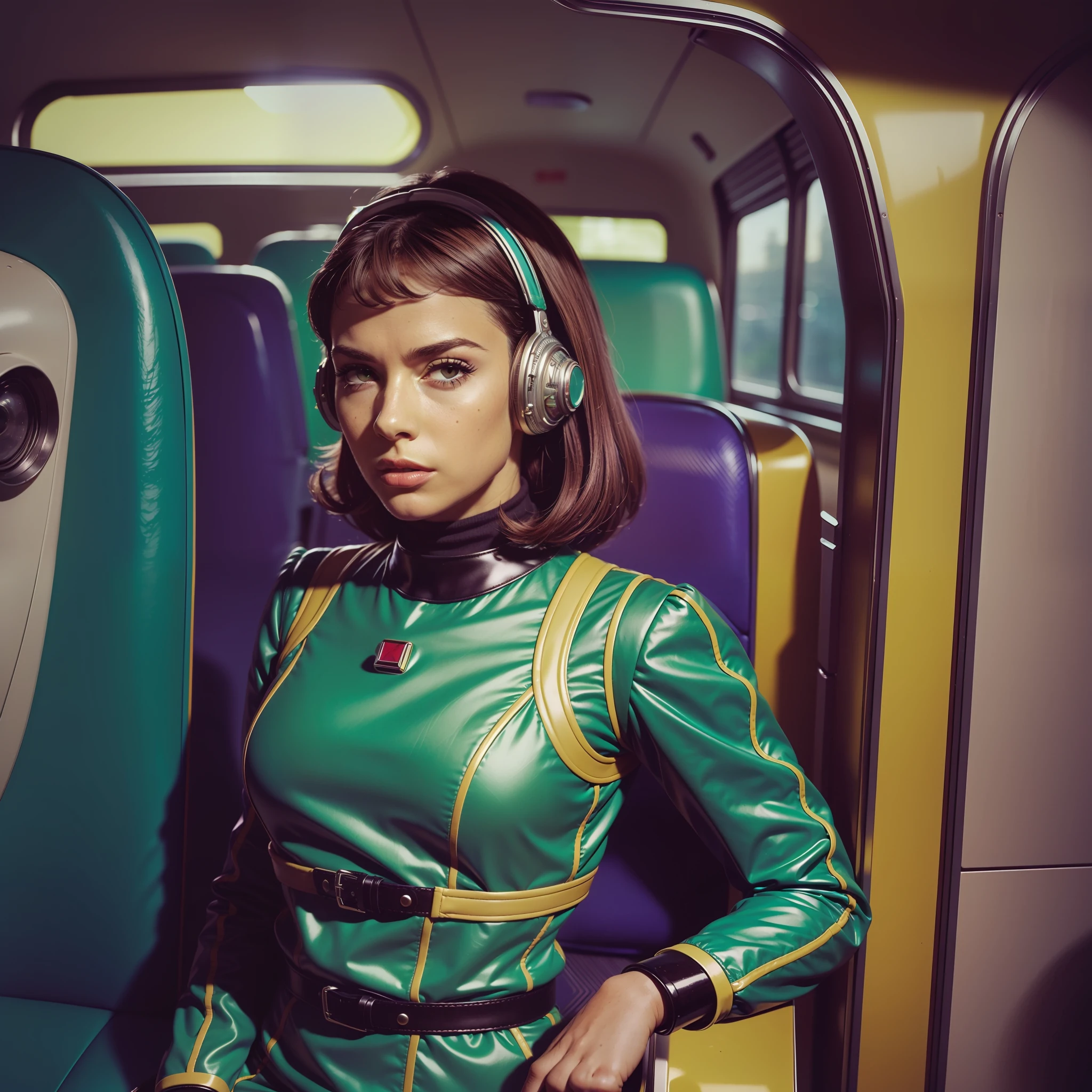 4k image from a 1960s science fiction film by franck gerard, Filme O Grande Hotel Budapeste de Wes Anderson, pastels colors, Young people wearing retrofuturistic alien masks and holding colorful suitcases and chests on the bus, Retro-futuristic fashion clothes from the 60s with old robots, Luz Natural, Psicodelia, futurista estranho, retro-futurista, photo-realistic, Sharp background details.