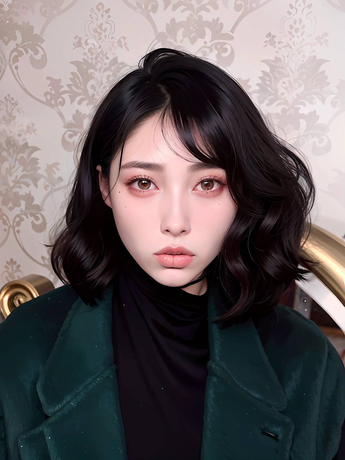 "Woman wearing a green coat、Black shirt，Short hair, bare hair，inspired by Yanjun Cheng、popular korean makeup，Popular Korean makeup，Yoshitomo Nara、ulzzangs、chiho、xision wu、sakimichan，inspired by Ma Yuanyu，young cute wan asian face，Zhang Wanting"