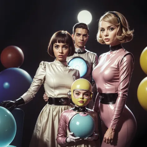 4K image of a 1960s Franck Gerard-style science fiction film, pastels colors, Young people wearing retrofuturistic glass masks a...