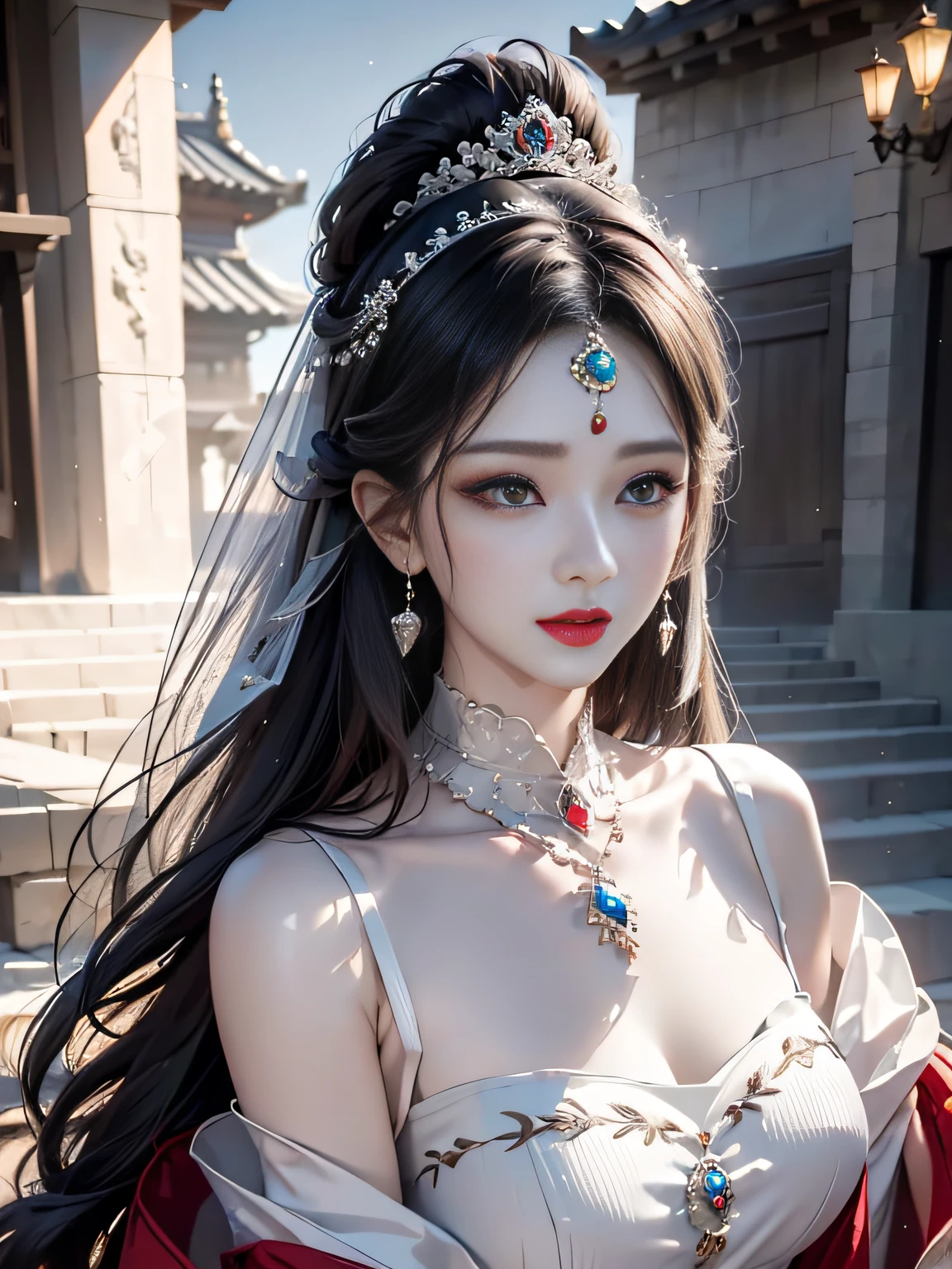 tmasterpiece，Light makeup，Redlip，Long silver messy hair，Wipe the forehead headdress，gracefulness，elegance。ultra fine detailed，Works of masters，Authentic texture，Cinematic lighting realism，perfect works，8k，k hd，Delicate facial features，plumw，Hyper-realism