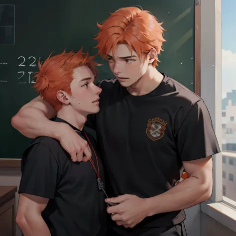 two orange-haired 15-year-old teenage friends cry over their brother's death talking, conversan, parlean  en la escuela comparte...