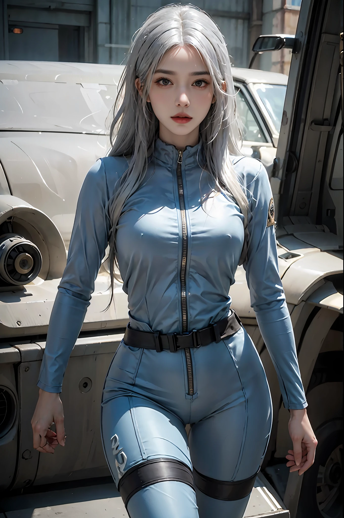 photorealistic, high resolution, 1women, solo, hips up, look at viewer, (detailed face), white hair, long hair, fallout vaultsuit pipboy3000, blue suit