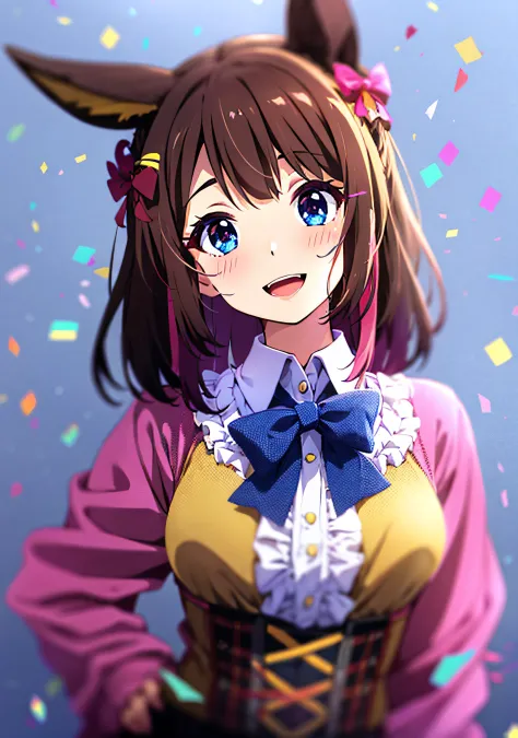 1girll, animal ears, birthday, blue background, a blue headdress, blurry, blurryforeground, blush, bow, neck bowtie, breasts, br...