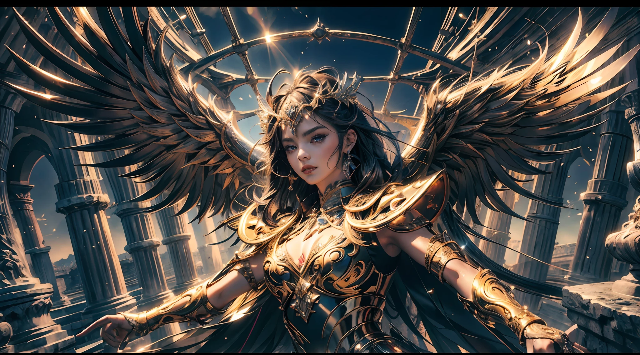 offcial art，Unity 8k wallpaper，ultra - detailed，Beauty and aesthetics，high high quality，Valkyrie，tmasterpiece，Best quality at best，（zentangle，datura，Tangles，entangled：0.6），Greek temple，Large breasts，Heavy armor，complex patterns，Fighting posture，dramatics，Photorealistic, Super detail, Masterpiece, Best quality, A high resolution, 8K，Metal wings