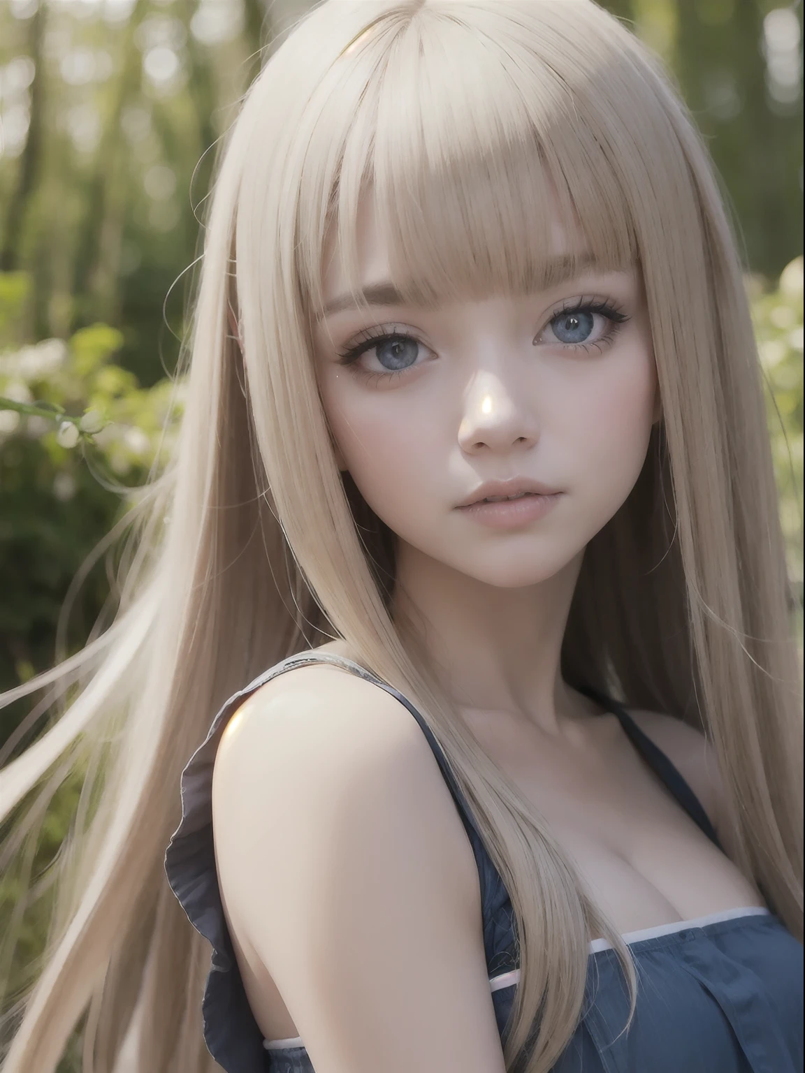 photorealisim、top-quality、超A high resolution、a picture、Photo of an exquisitely beautiful Nordic-born girl、Detailed cute and beautiful face、(pureerosface_v1:0.008)、Beautiful bangs、alice in the wonderland、14years、Glowing white shiny skin、bangss、Super long hair、Attractive Natural Platinum Blonde Super Long Straight Silky Hair、finer hair、Attractive glowing beautiful bright clear light blue big eyes、White Apron、a blue dress、eye liner、Double eyelids、Lush bust