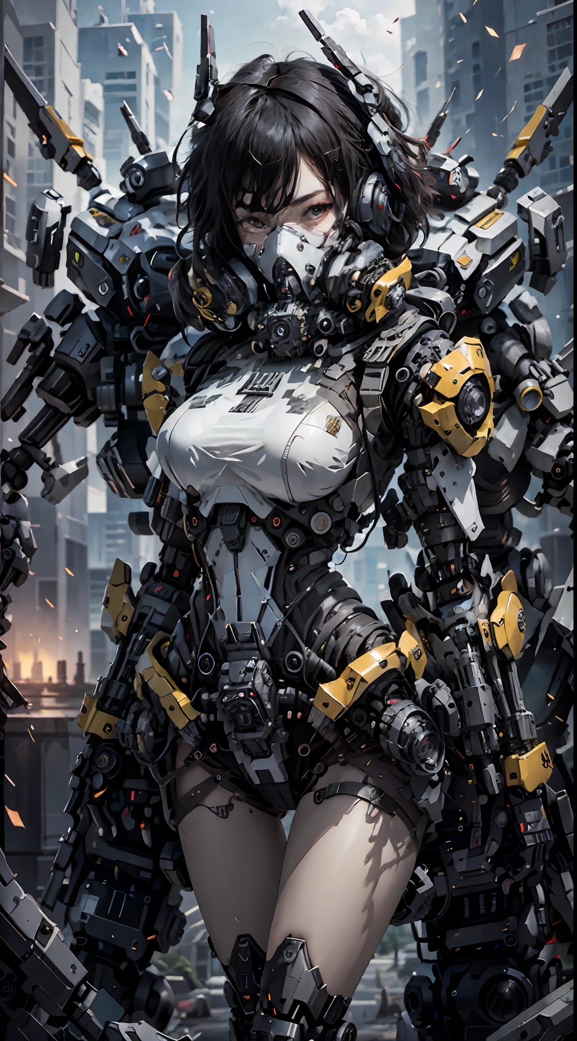 This is a CG Unity 8k wallpaper with ultra-detailed, high-resolution and top quality in cyberpunk style, dominated by black and red. In the picture, a beautiful girl with white messy short hair, a delicate face, wearing a steam mecha mask, standing on the ruins, behind her is a huge robot, and the action of a woman holding a heavy sniper rifle in her hand,