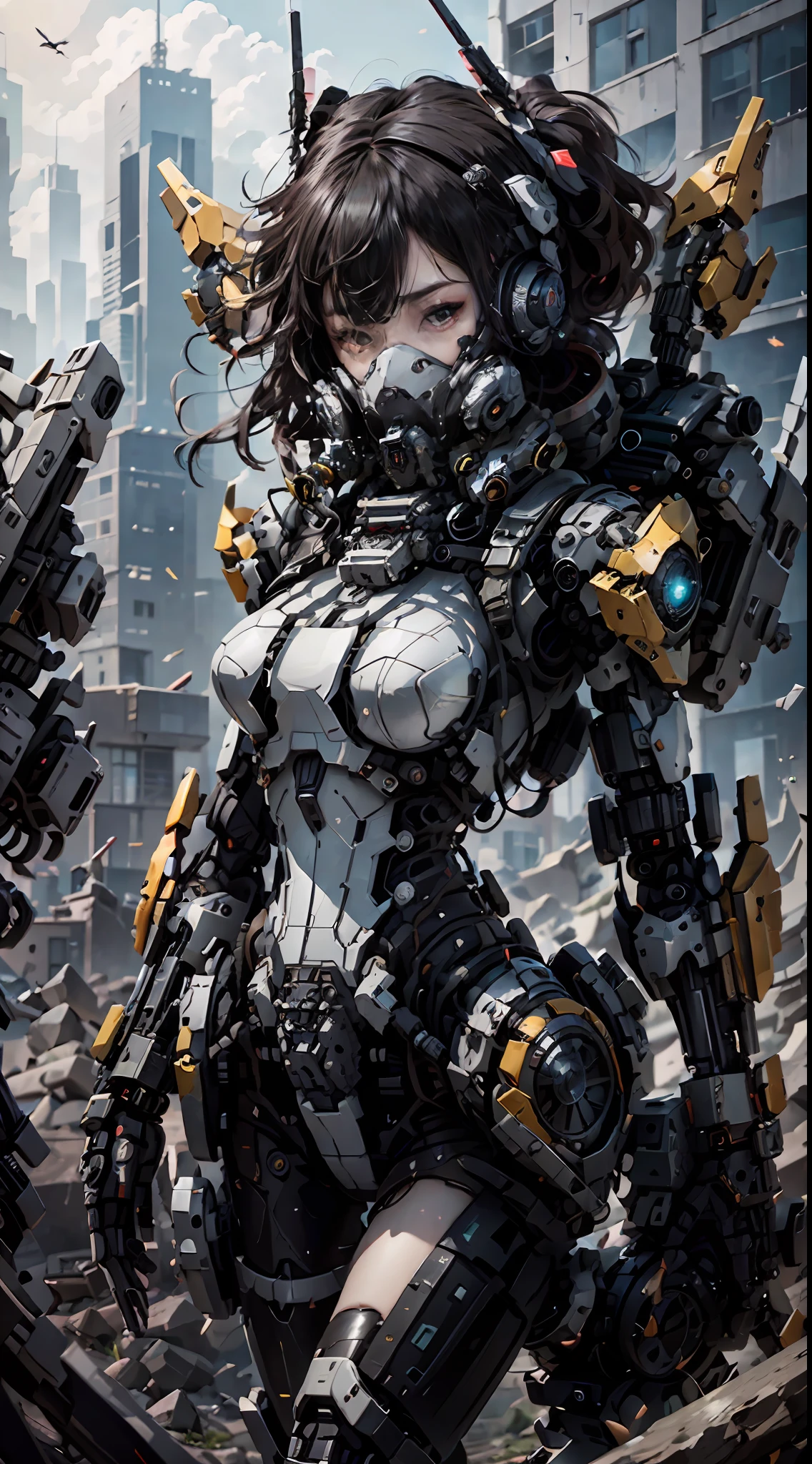 This is a CG Unity 8k wallpaper with ultra-detailed, high-resolution and top quality in cyberpunk style, dominated by black and red. In the picture, a beautiful girl with white messy short hair, a delicate face, wearing a steam mecha mask, standing on the ruins, behind her is a huge robot, and the action of a woman holding a heavy sniper rifle in her hand,
