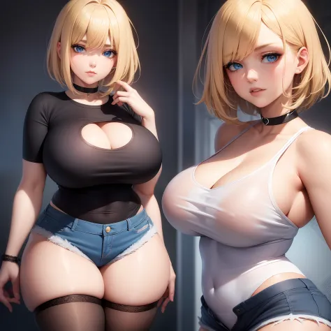 gwen stacy, blonde hair, short hair, blue eyes, best quality ,masterpiece, extremely delicate and beautiful, extremely detailed,black t-shirt, large breast, black choker, short shorts , denim shorts, thick thighs, thigh gap , curvy, cleavage,