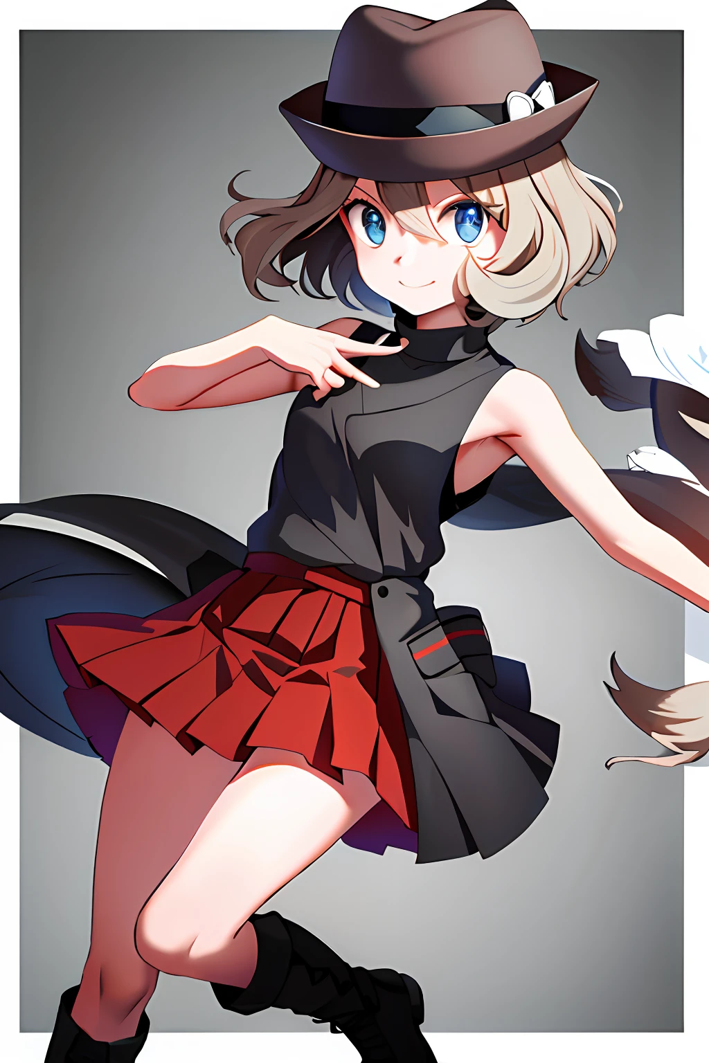 tmasterpiece， Best quality at best， high light， eBlue eyes， Serena\（pokemmo\）， 1girll， 独奏， upper legs， long whitr hair， Gray women's hat，Black sleeveless sweater， black thighhigns， Red checkerboard pleated skirt， a skirt， 无袖， Eyelashes all over the body， spheres， ssmile， Keep one's mouth shut，Brown knight riding boots，Gray headdress，black thighhigns，Rubber wavy head，short detailed hair