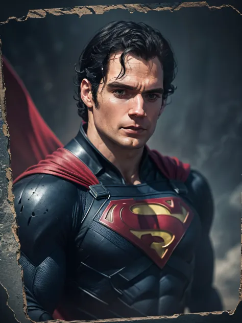 Henry Cavill as Superman, 40s year old, all black and red details suit, red cape, strain of hair covering forehead, short cut ha...