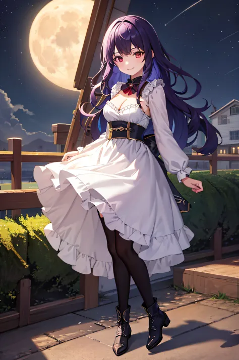 masterpiece, best quality, 1girl, solo, night sky, outdoor, moon, stars, clouds, wind, medium hair, boots, witch, smile, red eye...