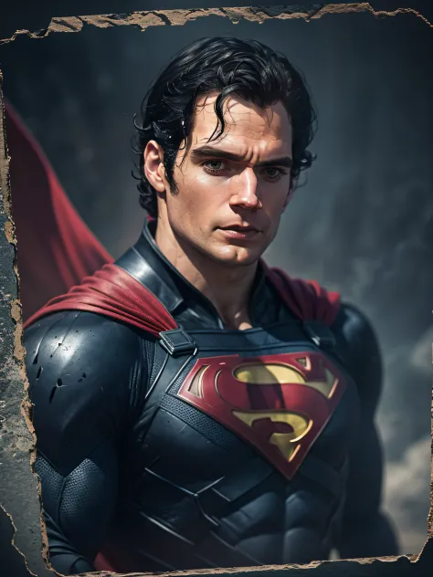Henry Cavill as Superman, 40s year old, all black and red details suit, red cape, strain of hair covering forehead, short cut ha...