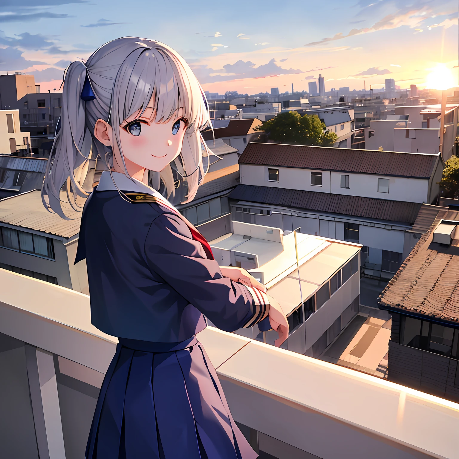 Haute qualité, Meilleure qualité, chef-d&#39;œuvre, absurdes, Mana Nagase, uniforme, 1fille, white école_uniforme, jupe bleu, école, coucher de soleil, toit, sourire