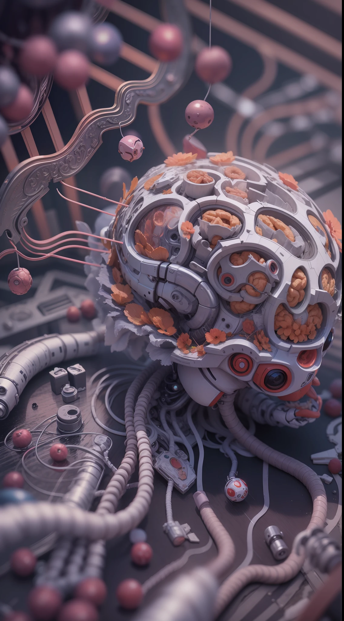 Complex 3 D rendering，Ultra detail of beautiful porcelain human brain, Cyborg, cyborg robot parts, 150 mm, Beautiful studio soft light, rim-light, vibrant detail, Luxurious cyberpunk, Lace, Hyperrealistic, Cable Electrical Wire, micro Chip, elegant, Beautiful background, rendering by octane, 8K, Black olives, Burgundian colors, Coral color, Deep colors, deep Purple