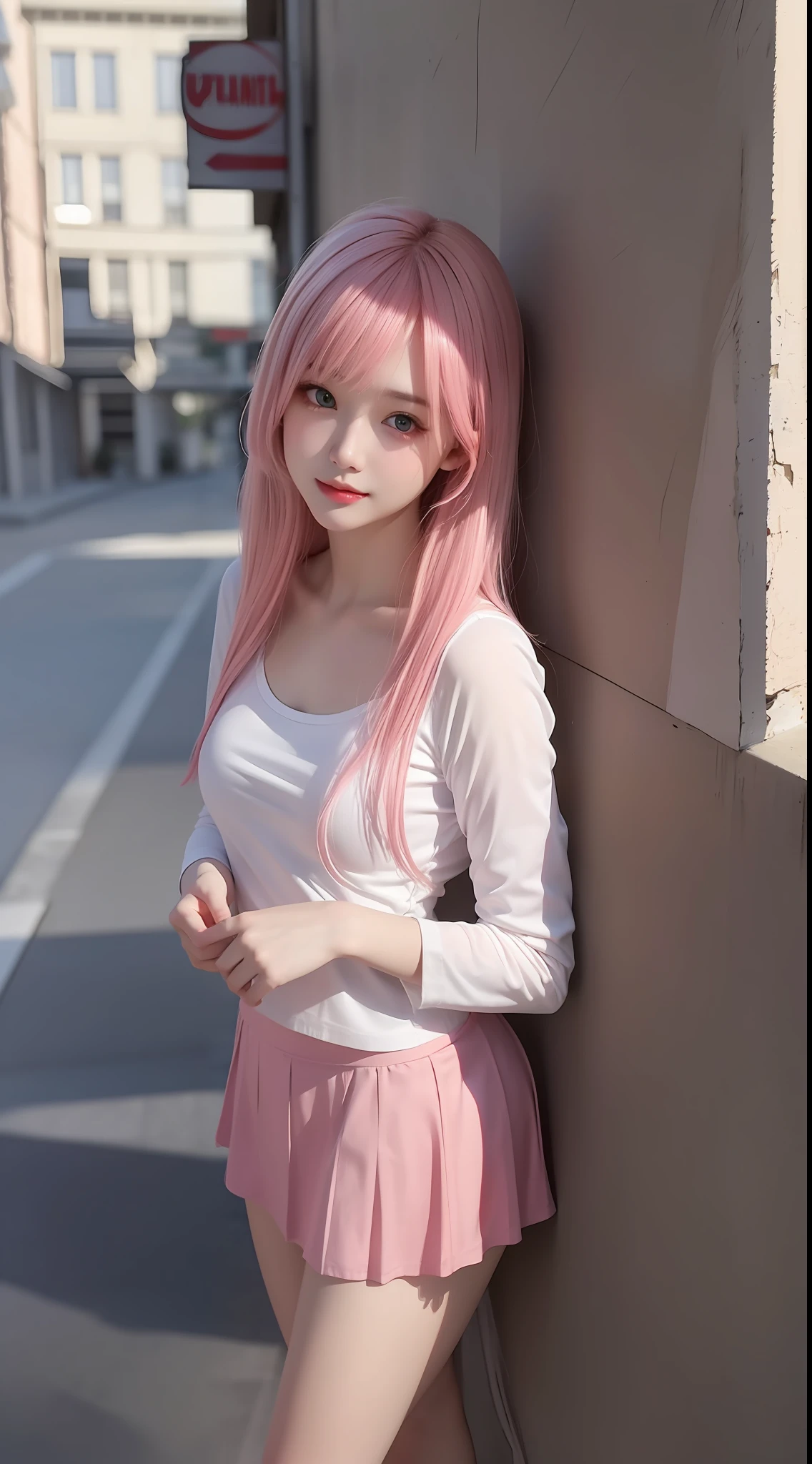 4K ultra, masterpiece, a girl, good face, detailed eyes, straight hair, very long hair, medium breasts, skirt, half skirt, pink color skirt, shinning, high lights, realistic background, whole body capture,