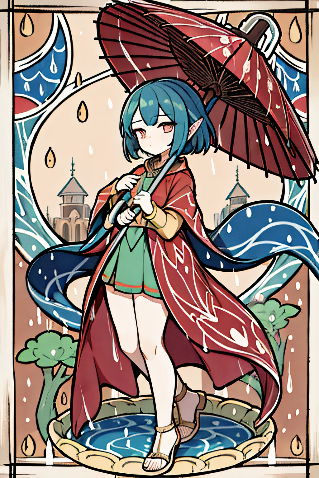 girl with umbrella, rain, y bestiary_style, masterpiece, best quality, solo, high detailed face, full body