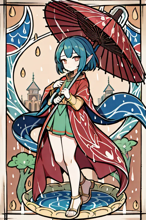 girl with umbrella, rain, y bestiary_style, masterpiece, best quality, solo, high detailed face, full body