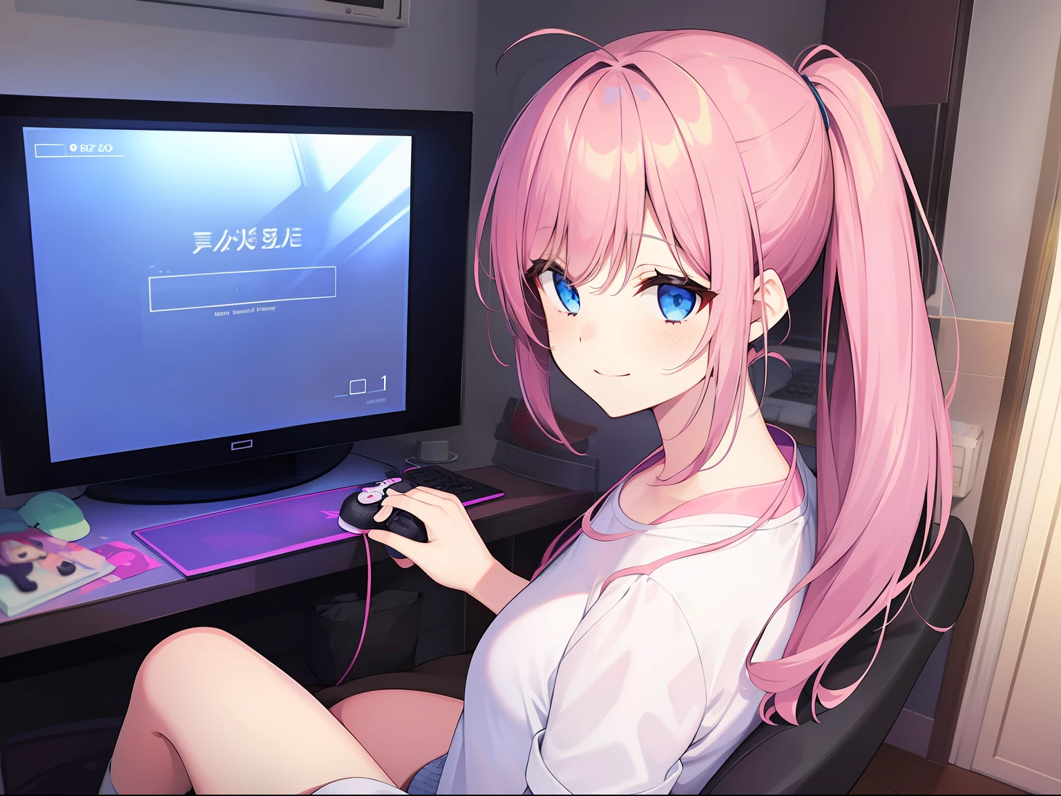 Chica jugando videojuegos en una habitación、poneyTail、Una sonrisa、la ropa es blanca、Color de cabello color cerezo