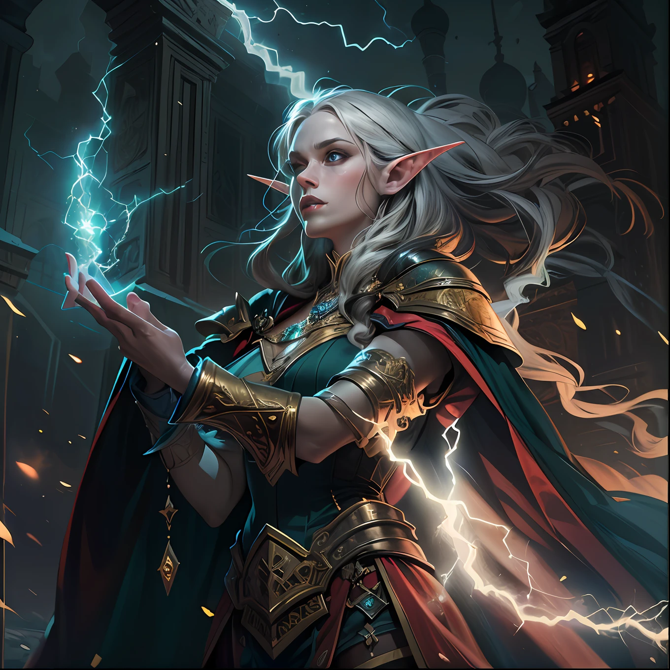 high details, best quality, 8k, [ultra detailed], masterpiece, best quality, (extremely detailed), dynamic angle, ultra wide shot, photorealistic, fantasy art, dnd art, rpg art, realistic art, an ultra wide picture of female elf cleric, holding a hmmer, hamme in lightning, casting a spell, yellow magical lightning (1.5 intricate details, Masterpiece, best quality), wearing heavy black armor, elven armor with lightning sigils(1.5 intese details, Masterpiece, best quality), red cloak (1.5 intricate details, Masterpiece, best quality), holy symbol, blue light from symbol, black hair, intense eyes, green eyes, D&D female elf (1.5 intricate details, Masterpiece, best quality) fantasy temple background, lightning storm background, ((divine worship atmosphere)), high details, best quality, highres, ultra wide angle