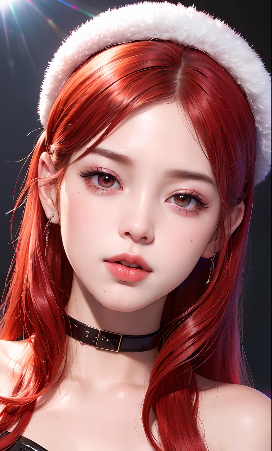(8k, RAW photo, photorealistic:1.25) ,( lipgloss, eyeslashes, gloss-face, glossy skin, best quality, ultra highres, depth of field, chromatic aberration, caustics, Broad lighting, natural shading, Kpop idol) Watch the audience with serenity and goddess-like happiness，a red cap ,red hair,and red eyes