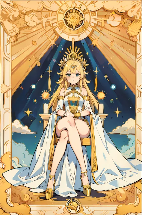 masterpiece, best quality, tarot style, centered, in frame, big sun, stone pillar,1girl, solo, censored, looking at viewer, sun, bright, flat view, sitting in the golden throne, Symmetries, beautiful eyes, day, in spring, sun, sky, background, full body, h...