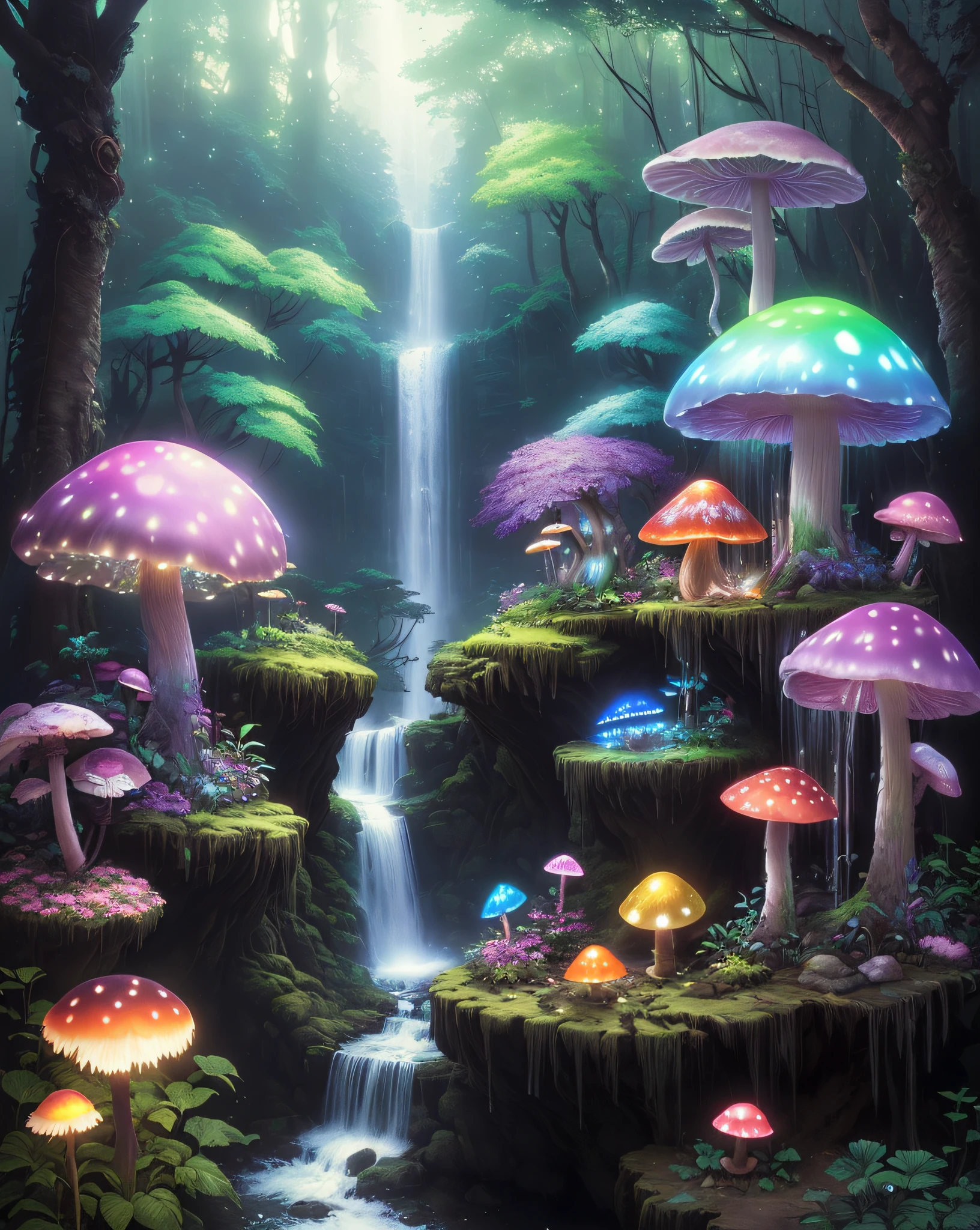 (potted)、(Placed on a large flower pot)、Rainbow Forest、Luminous Tree々、naturey、Luminous mushrooms、Bright waterfall、mont、A clear day、(Artist Greg Rutkowski:1.3)、(vivd colour:1.3)