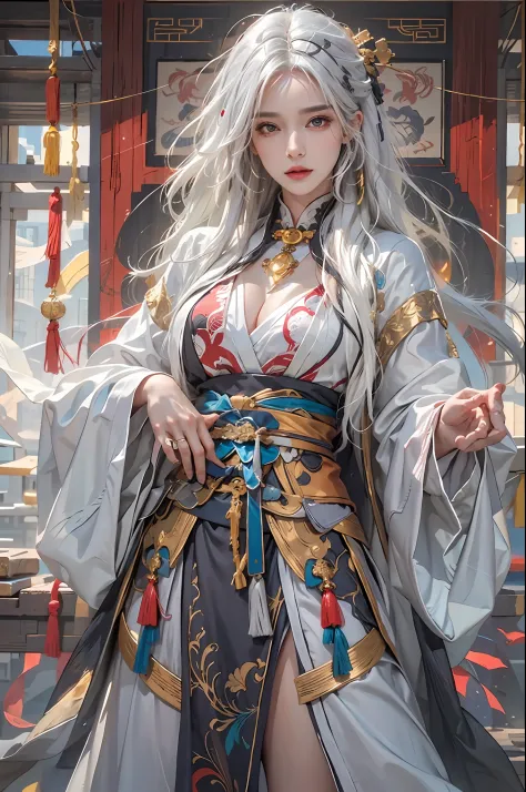 photorealistic, high resolution, 1women, solo, hips up, look at viewer, (detailed face), white hair, long hair, colorful Taoist robe,oversized clothes, jewelry