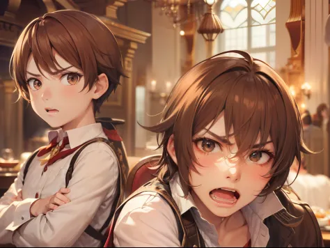 A pair of twin boys, In the banquet hall, Brown hair, Brown eyes, The expression is angry,