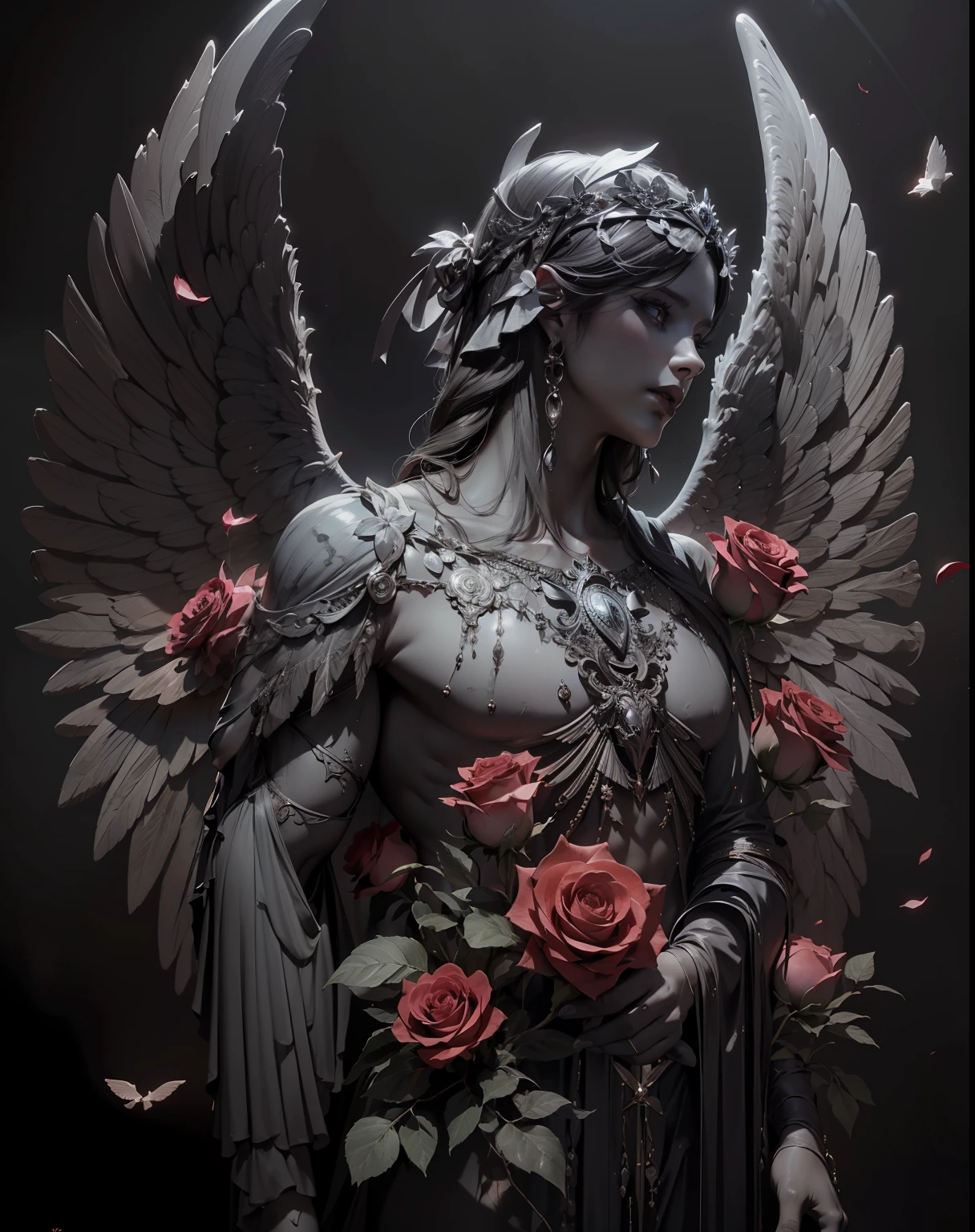 (Very detailed 8K wallpapers), medium plan,(Masterpiece, Top Quality, Best Quality), (headband),Statue with wings and roses on the chest and wings around the body, with a dark background, Bastien L. Deharm, Dark art, marble sculpture, Gothic artintricate, higly detailed, dramatic