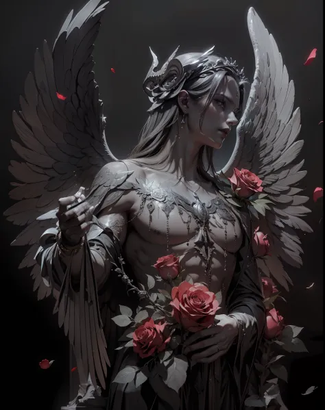 (very detailed 8k wallpapers), medium plan,(masterpiece, top quality, best quality), (headband),statue with wings and roses on t...