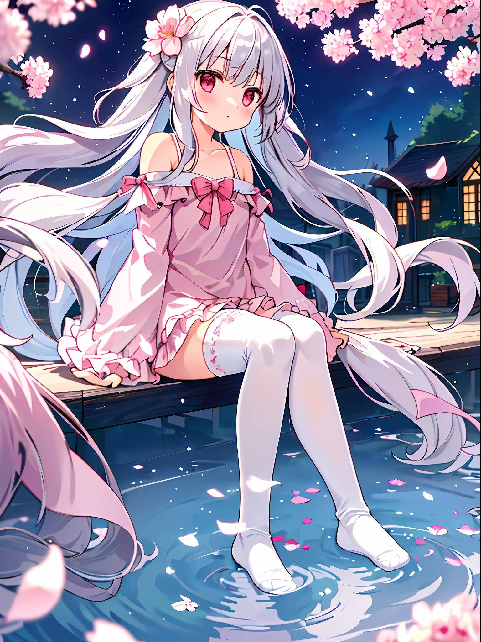 (sitting),(bow),(silver hair),(long hair),(light red eyes),hreat in the eyes,(white fourpetal flower hair ornament:1.1),(blush),bangs,(a girl in[(nightdress):(((no socks))):0.4]:1.2),(bare shoulder),collarbone,(white thighhighs:1.2),frilled sleeves,looking at viewer,[(night:1.2),peaceful,sky,((full moon)),stars,house,town,(in a courtyard),water drop,pond,(near by the pond),tree,flower request,wind::0.6],(lridescent light refraction),(floating pink petals:1.2),dreamy