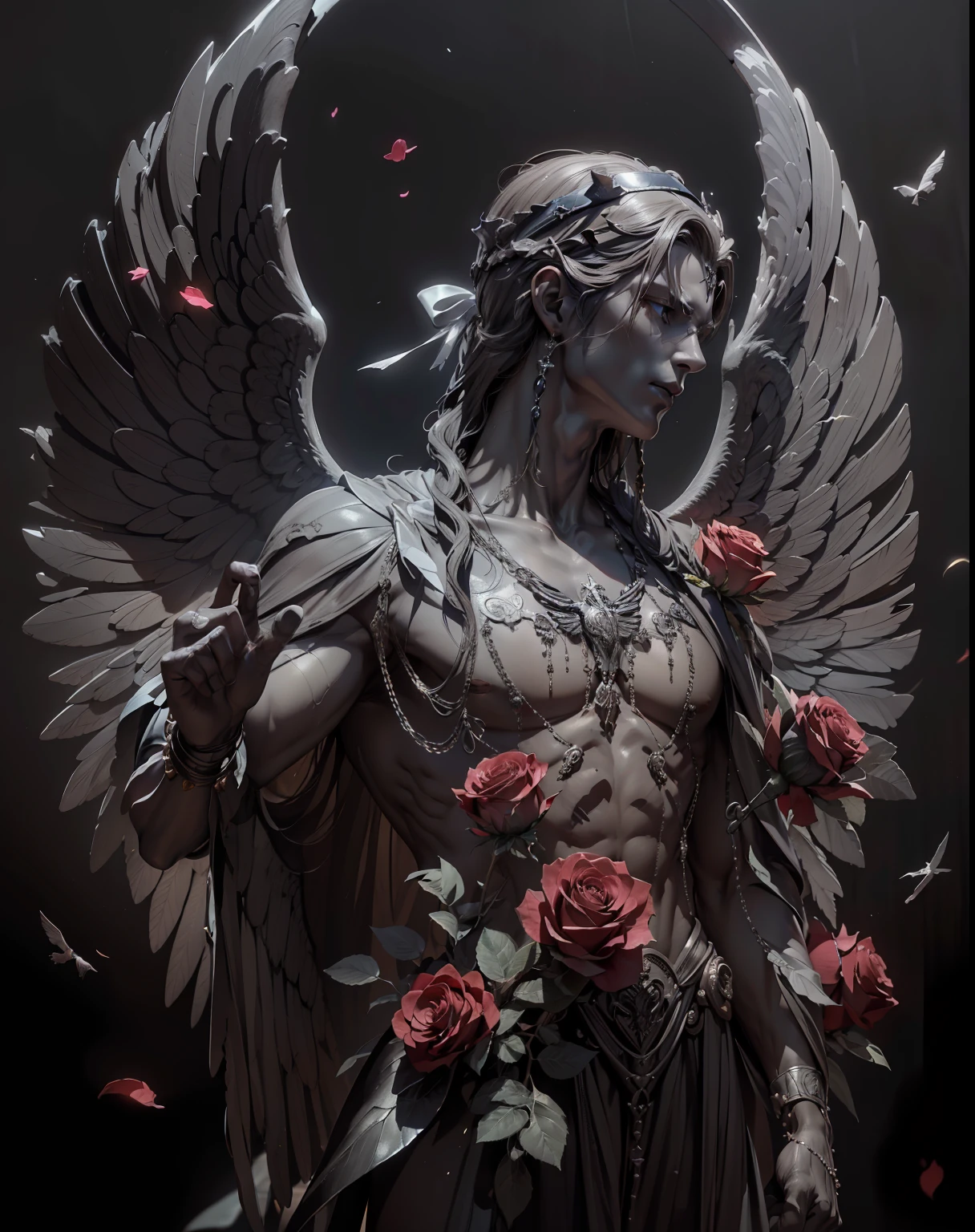 (Very detailed 8K wallpapers), medium plan,(Masterpiece, Top Quality, Best Quality), (headband),Statue with wings and roses on the chest and wings around the body, Greek Satuia,Male statue, male,with a dark background, Bastien L. Deharm, Dark art, marble sculpture, Gothic artintricate, higly detailed, dramatic
