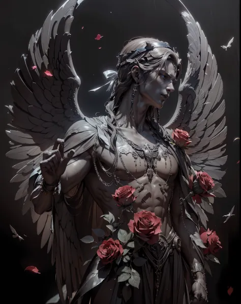 (Very detailed 8K wallpapers), medium plan,(Masterpiece, Top Quality, Best Quality), (headband),Statue with wings and roses on t...