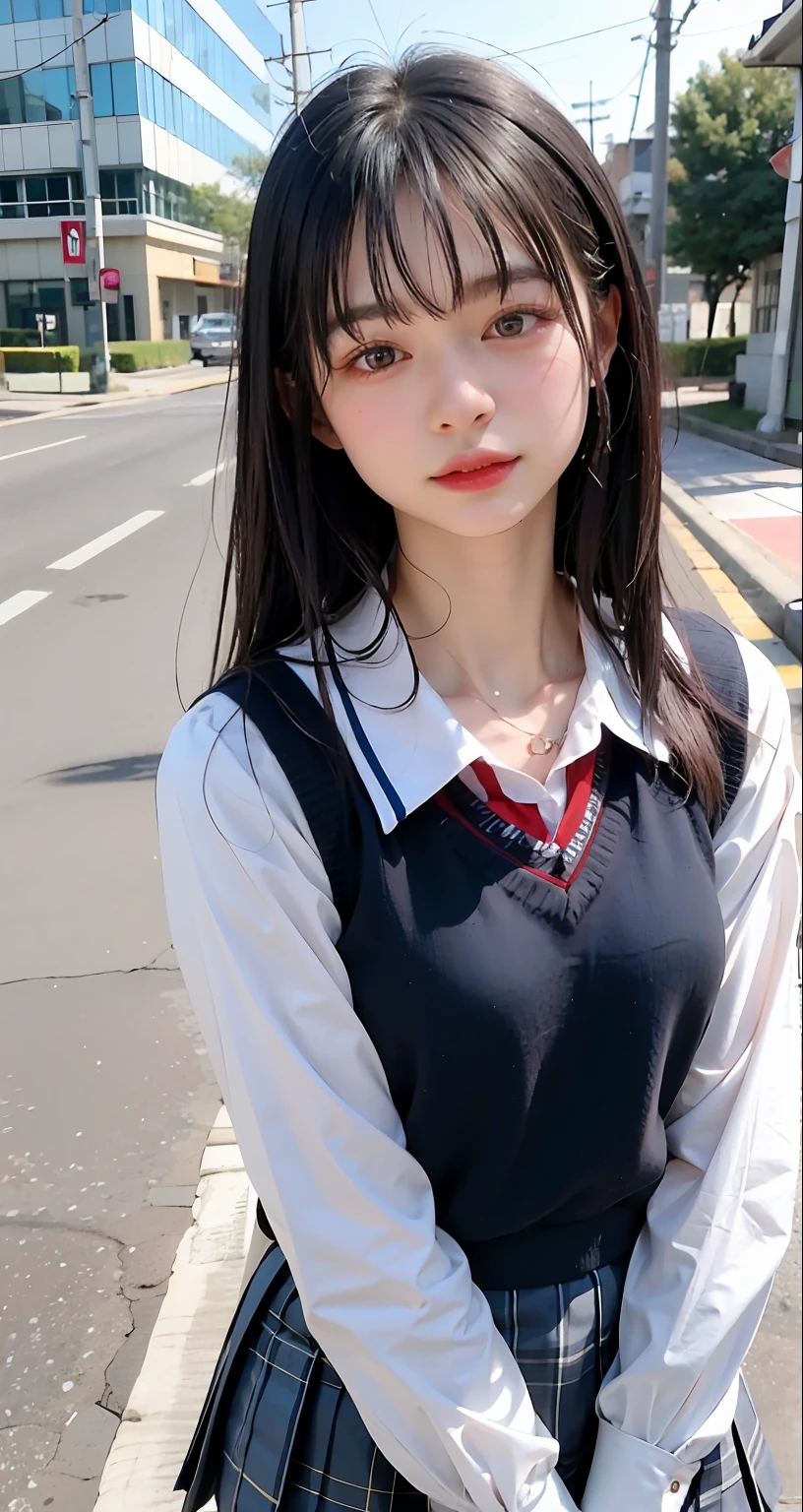 ((top-quality、​masterpiece))、Raw photography、8K、top-quality、 超A high resolution、Beautiful face in every detail、Realistic human skin、Gentle expression、front-facing view、Farbe々From an angle、length hair、realisitic、Photorealsitic、cute little、a short skirt、cute school girl、Japan schoolgirl wearing uniform、Surreal High School Girl、full body Esbian、blue-sky、