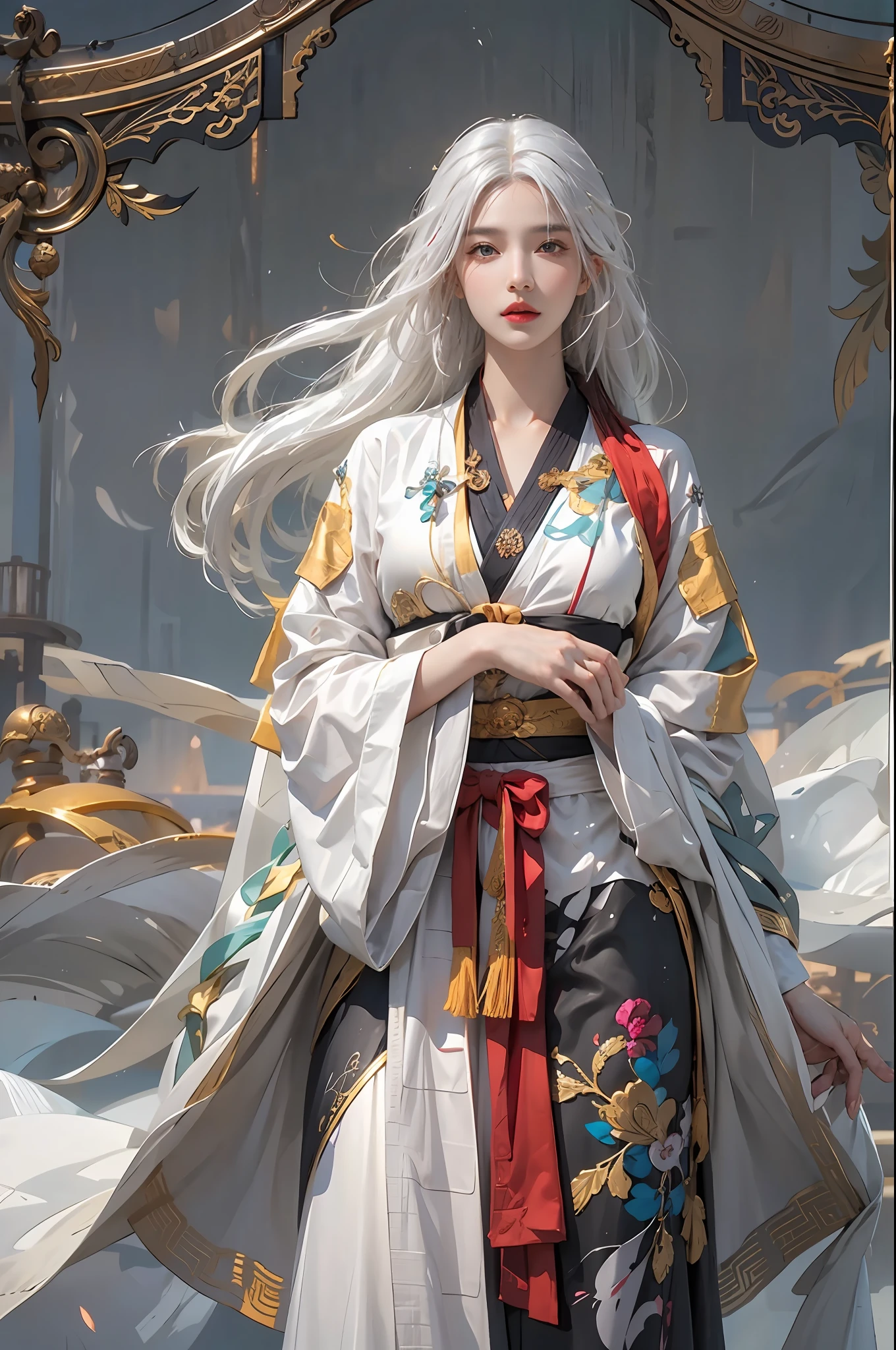 photorealistic, high resolution, 1women, solo, hips up, look at viewer, (detailed face), white hair, long hair, colorful Taoist robe,oversized clothes, jewelry
