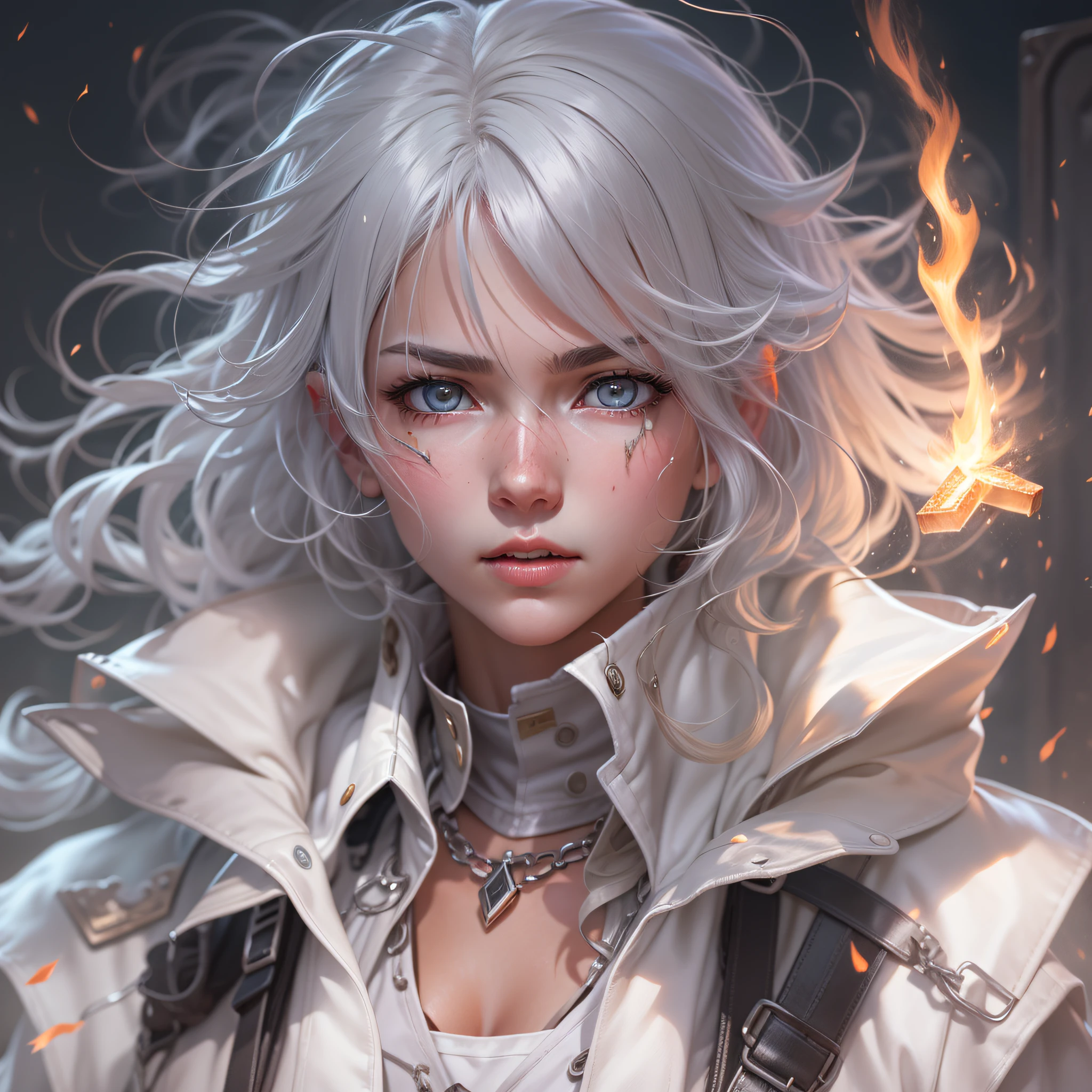 （Ultra clear CG 8k），hyper-detailing,Elemental Magician，火焰，A flame beating at your fingertips，Silver-haired girl，White trench coat，Tall，Thin，Flames flew out of the furnace，Surround the protagonist，Anime epic artwork